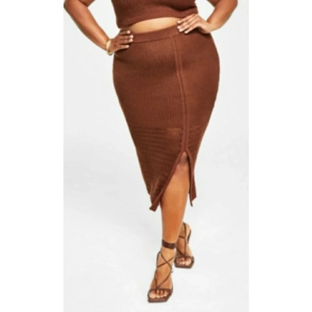 Nina Parker  Brown Knit Pencil Crochet Midi Skirt with Front Slit 3X NWOT